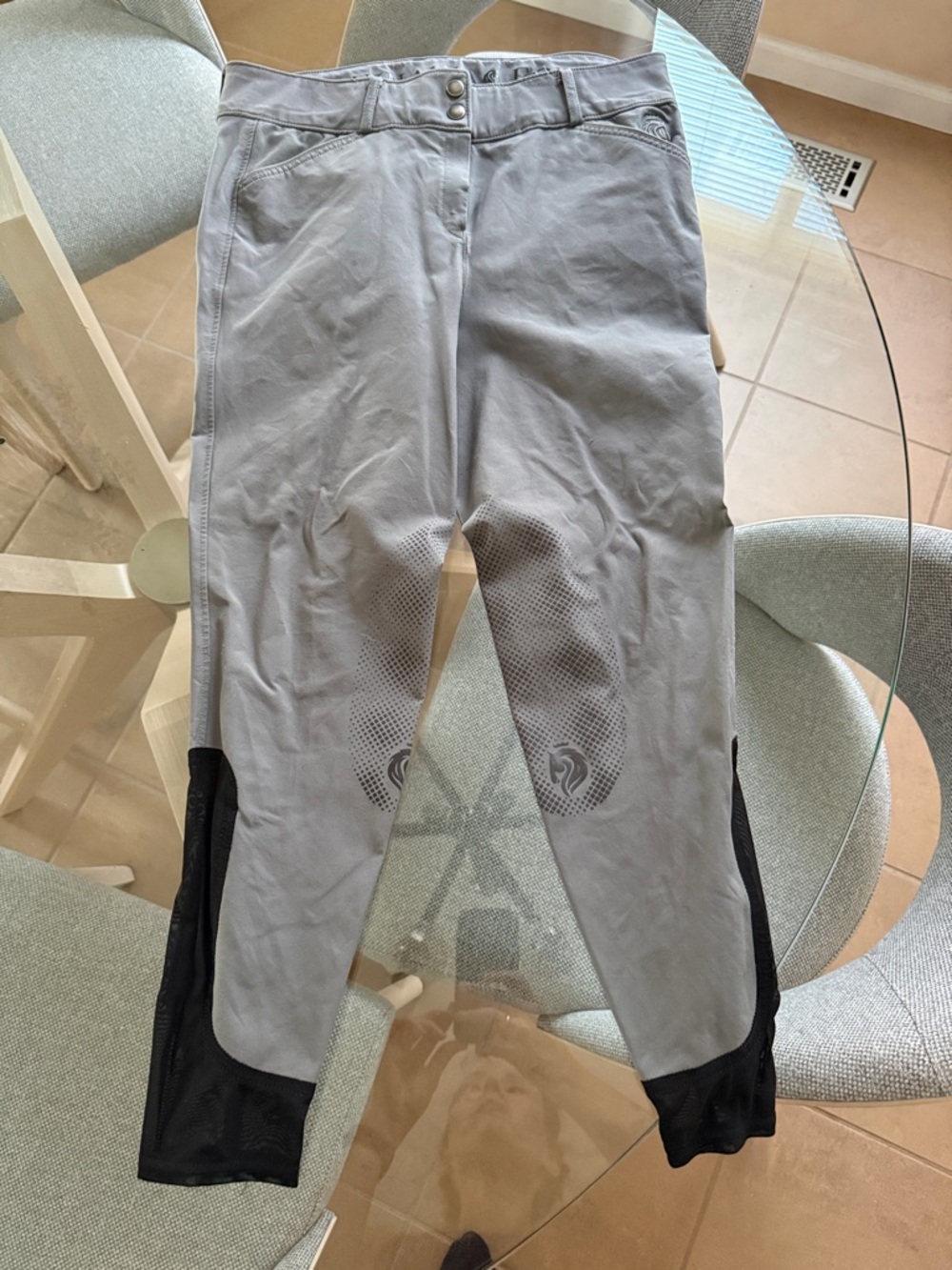 Equinavia Knee Patch Light Gray Riding Breeches with Black Lower Panels size 32